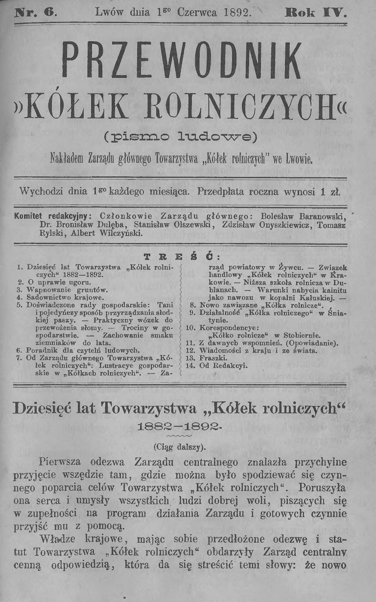 Przewodnik Kółek rolniczych 1892 nr 6  10 lat str 1a