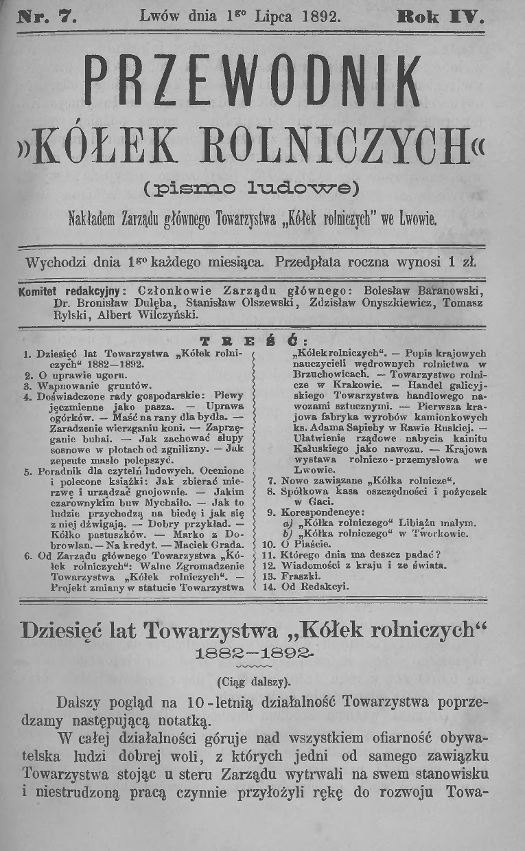 Przewodnik Kółek rolniczych 1892 nr 7  10 lat str 1a